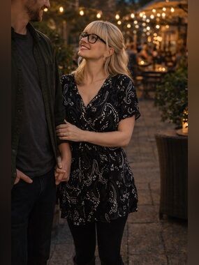 Chic Black Blouse with Pink Paisley Design